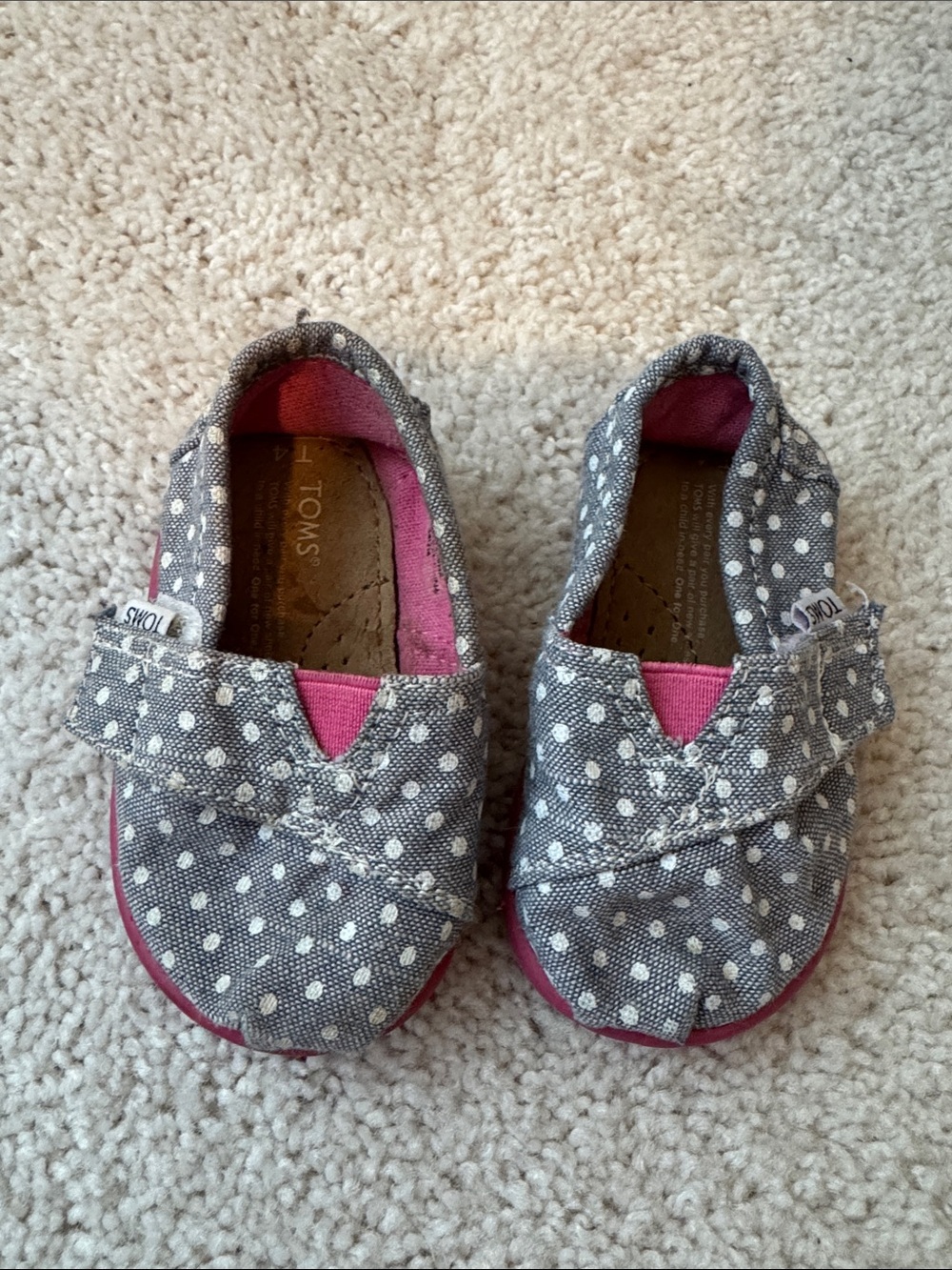 Toms Kids Gray Polka Dot Slip-Ons with Pink Accents